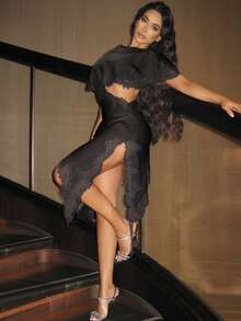 棕色蕾丝迷你连衣裙，优雅女士夏季连衣裙，派对装扮，缎面鸡尾酒短裙，女士度假装 - 黑色 - 查看 2