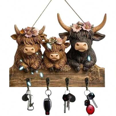 Highland Cow Shaped Wooden Key Holder 2D Cow Head Wall Mounted Hook Animal Themed Hanging Decor Rack