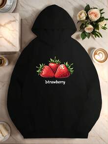 1pc Women-S Plus Size Casual Hoodie With Three Strawberries Design, Polyester Knit Fabric, Longeeve, Hooded Collar, Non-Stretch, Geometric Pattern, FallWinter Season, Regular Lengt_016 - 黑色6 - 查看 1