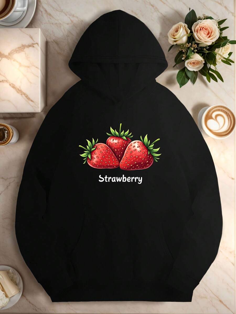 1pc Women-S Plus Size Casual Hoodie With Three Strawberries Design, Polyester Knit Fabric, Longeeve, Hooded Collar, Non-Stretch, Geometric Pattern, FallWinter Season, Regular Lengt_016 - 黑色6 - 查看 1