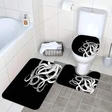 Elegant Octopus Design Bathroom Set: Includes 12 Free Hooks, Shower Curtain, Bath Mat And Toilet Seat Cover - Ideal For Walk-In Shower - Multicolor - View 3