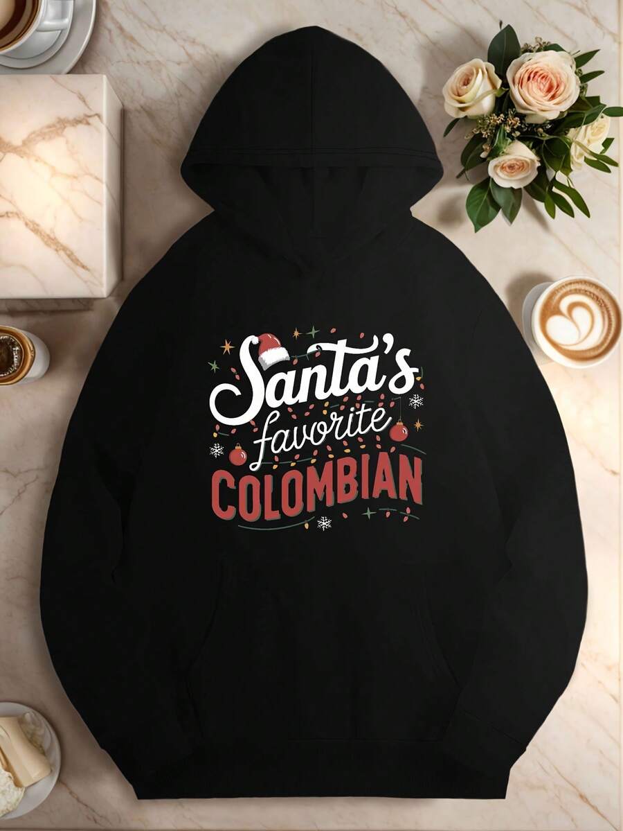 Cozy Plus Size Hoodie For Women - Santa-S Favorite Colombian Print, Longeeve With Pockets, Casual Polyester Knit Pullover For FallWinter - Đen 19 - Xem 1