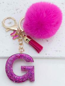 Shiny Letter Keychain Fluffy Tassel Keyring - Fashionable Bag And Car Key Accessories Ideal As Bridal Shower Wedding And Birthday Gifts Charming Wallet Pendant Women Fashion Keychain Y2K - Hot Pink - View 10