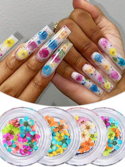 4盒混合装鲜艳干花美甲饰品，色彩缤纷的天然人造干花压制花卉植物装饰DIY工艺品美甲婚礼用品