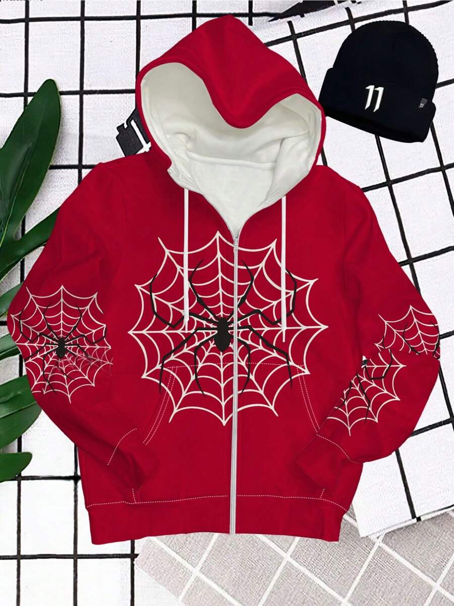 Men'S  Spider Web Digital Print Hoodie, Autumn Casual Sports Cardigan Zip-Up Jacket, Fashion Streetwear Top, Regular Fit, Slight Stretch, Hooded, Print, Everyday Wear, Fall/Winter, Youthful Style - 彩色 - 查看 1