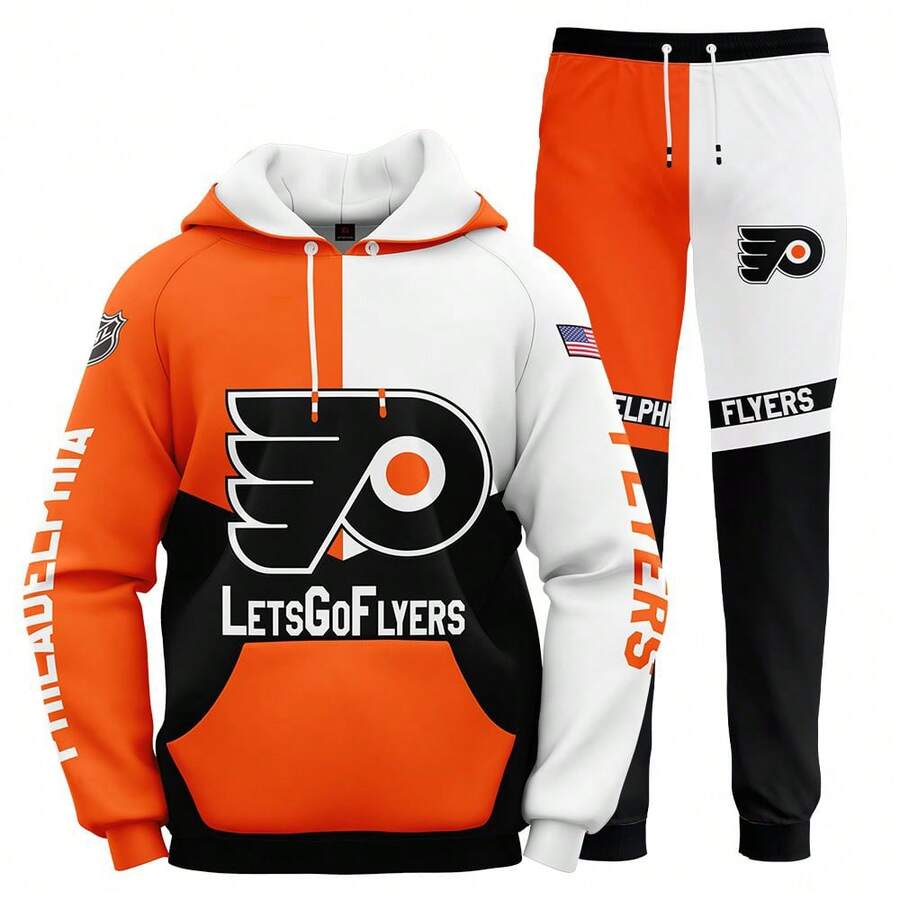 Philadelphia-Flyers Men'S Stylish 3D Lion Print 2pcs Athletic Wear Set - Long Sleeve Hoodie & Joggers, Casual Outdoor & Gym Wear For Spring/Fall, Football Team Pattern Design, Comfortable & Breathable Fabric, Perfect For Comfortable Fit - 彩色 - 查看 1