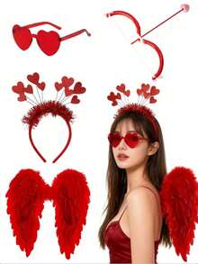 4 Stücke Amor Valentinstag Kostüm Set, inklusive rote Flügel, Bogen & Pfeil, Haarband und Brille, geeignet für Rollenspiele an Feiertagen, Foto-Requisiten, Geburtstagsgeschenke, romantische Dekoration, besondere Nächte, Jahrestags-Dekoration, Valentinstag Party Zubehör
