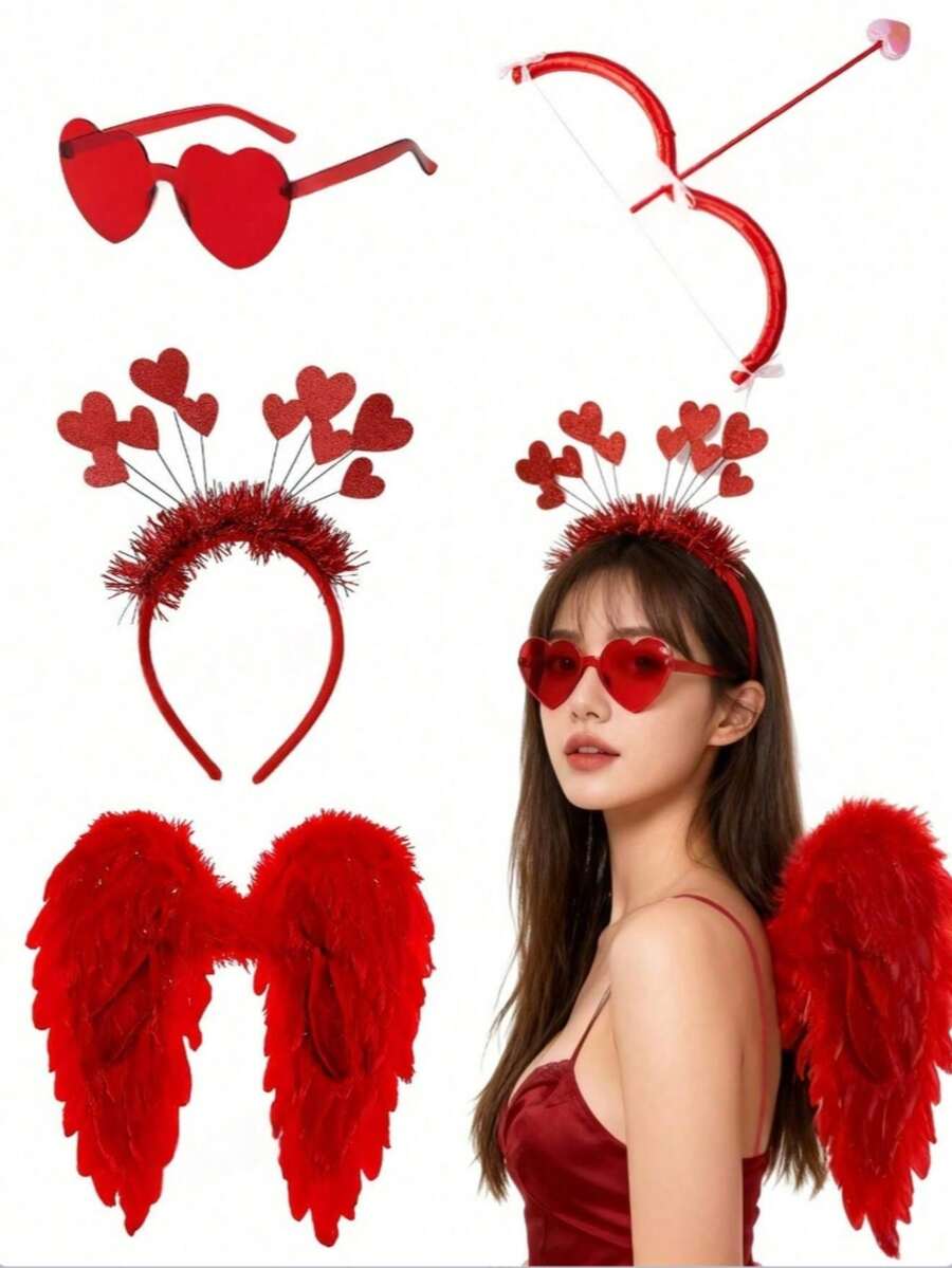 4 Stücke Amor Valentinstag Kostüm Set, inklusive rote Flügel, Bogen & Pfeil, Haarband und Brille, geeignet für Rollenspiele an Feiertagen, Foto-Requisiten, Geburtstagsgeschenke, romantische Dekoration, besondere Nächte, Jahrestags-Dekoration, Valentinstag Party Zubehör