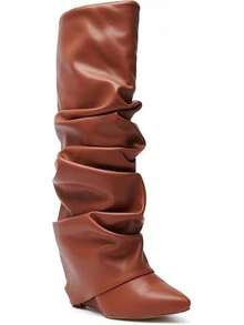 Women's Slouched Ruched Fold Over Boots - Patent Leather Covered Wedge Heel Wide Calf Pointed Toe Knee High Casual Boots - Tan - View 2