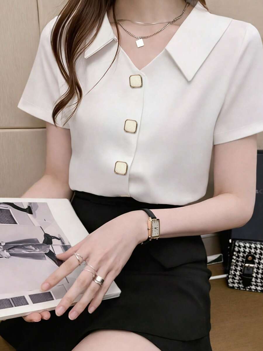 Stylish Long Sleeve Design Mature Satiny Shirt, Solid Color Polyester, Front Button Closure White Summer