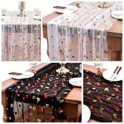 6ชิ้น ผ้าปูโต๊ะลายดอกเดซี่ปักลาย, ผ้าพันคอโต๊ะแบบบางลายดอกไม้ 10 ฟุต, ของตกแต่งโต๊ะอาหารในครัวสำหรับวันหยุดสำหรับงานปาร์ตี้ในร่ม, ผ้าปูโต๊ะตาข่ายสำหรับตกแต่งงานปาร์ตี้