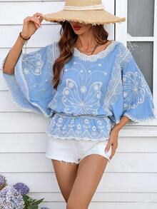 度假风休闲蝴蝶刺绣圆领短袖套头衫 - 藍色 - 查看 6