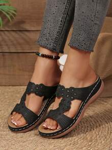 新款女士镂空厚底绑带凉鞋，欧美风格，圆头，镶钻，露趾，沙滩拖鞋 - 黑色 - 查看 1
