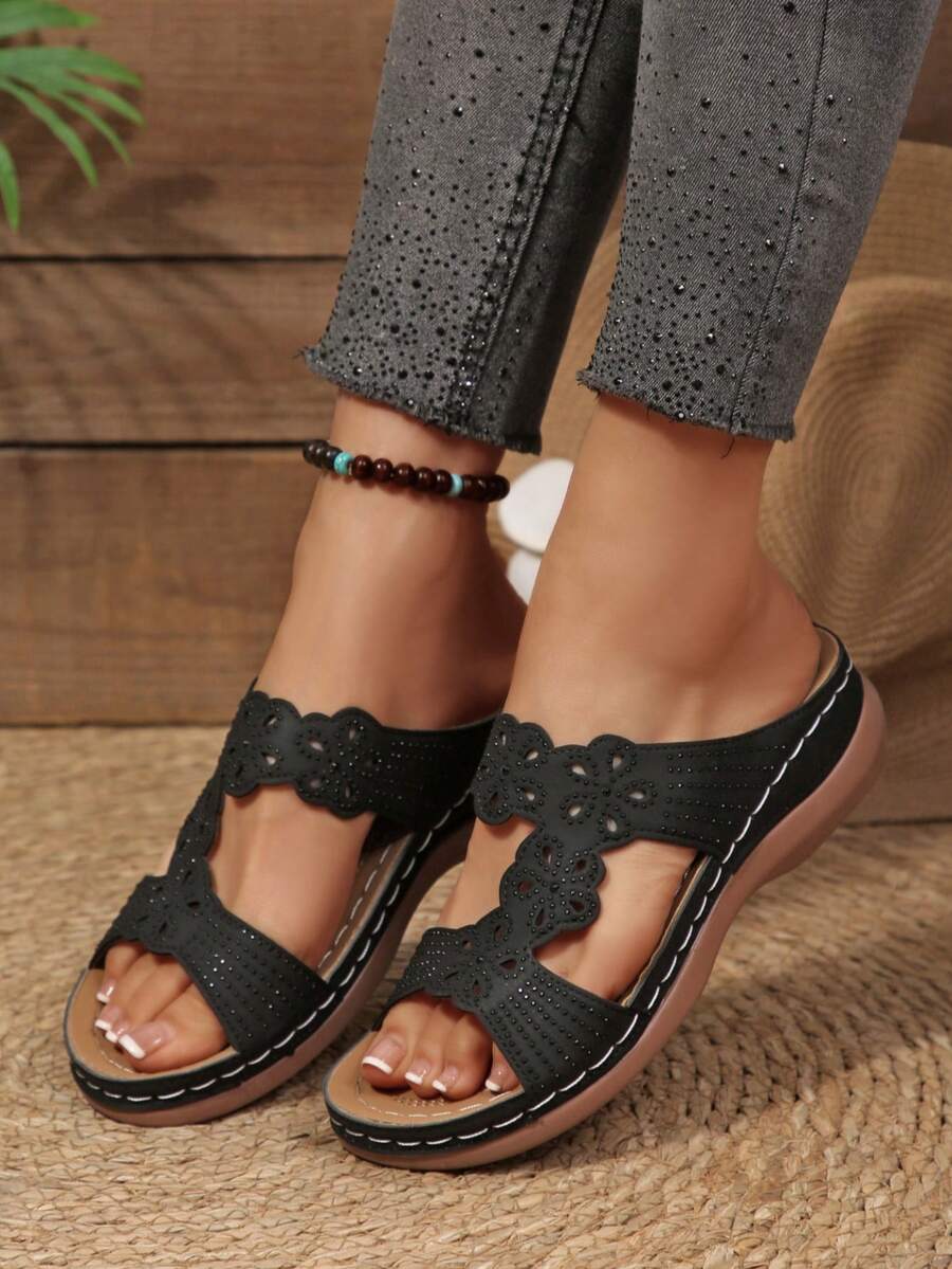 新款女士镂空厚底绑带凉鞋，欧美风格，圆头，镶钻，露趾，沙滩拖鞋 - 黑色 - 查看 1