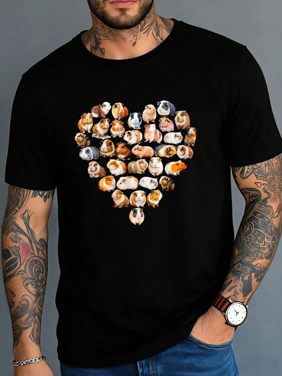 Camiseta de corazón de amor de conejillos de indias para niños, hombres, adolescentes y chicas, camisetas gráficas jpg, tops cortos para hombres, ropa de otoño para hombres, atuendos para hombres, ropa de otoño para hombres, camisetas - Negro - Ver 1