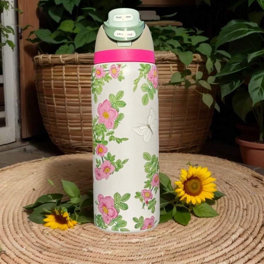 Owal'o 32oz Stainless Steel Insulated Water Bottle - Keeps Beverages Hot Or Cold For Extended Periods, Available In Various Floral Designs, Features A Pop-Up Lid, Carrying Handle, And Straw, Perfect For Outdoor Activities, Car Use, Sports, And As A Gift. - trắng - Xem 1
