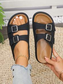 Women's Double Buckle Decor Fashion Round Toe Low Heel Flat Sandals, Comfortable Black Slide Slippers, Casual For Indoor & Outdoor Wear, Summer - Black - View 2
