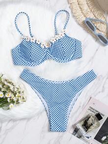Women's Bikini Set, Cute Blue Plaid Pattern With Floral Decor, Casual Beach Swimwear For Summer Holiday Vacation - Blue - View 3