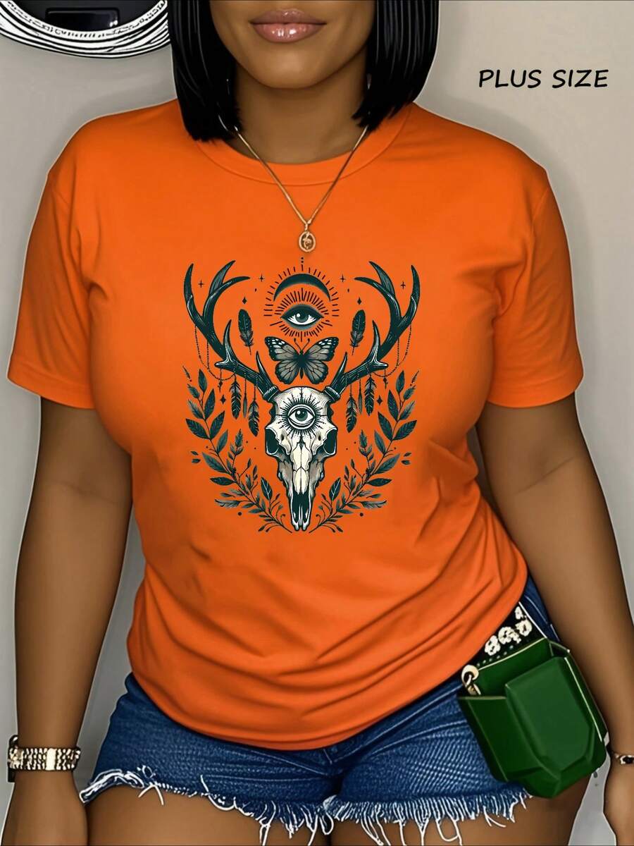 Plus Size Gothic Skull & Deer Day‑Of‑Dead Graphic Tee Women's T-Shirt, Soft And Breathable Short Sleeve, Perfect For Daily Wear, Outdoor Activities, Travel, And Casual Style, Comfortable All-Day Fit! - 橘色 - 查看 1