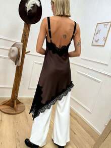 Conjunto de Vestido de Tirantes y Abrigo de Seda Marrón con Encaje Negro - Estilo Elegante para el Hogar - Marrón - Ver 4