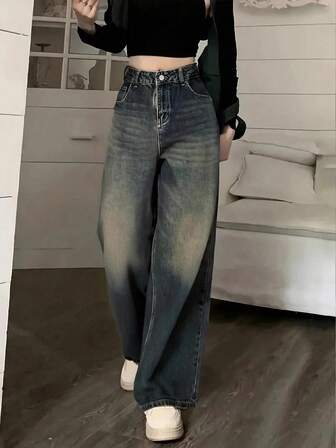 10代の女の子向け ファッショナブルなカジュアルな万能のゆとりあるワイドレッグジーンズ