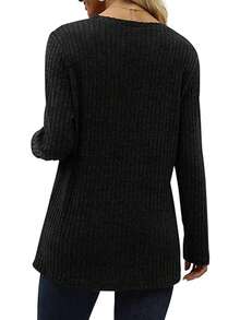 Women's Knitted Solid Regular Autumn And Winter Casual V-Neck Long-Sleeve T-Shirt Top Fall Cloth For Women Round Neck Button Detail Casual T-Shirt Tops - 黑色 - 查看 3