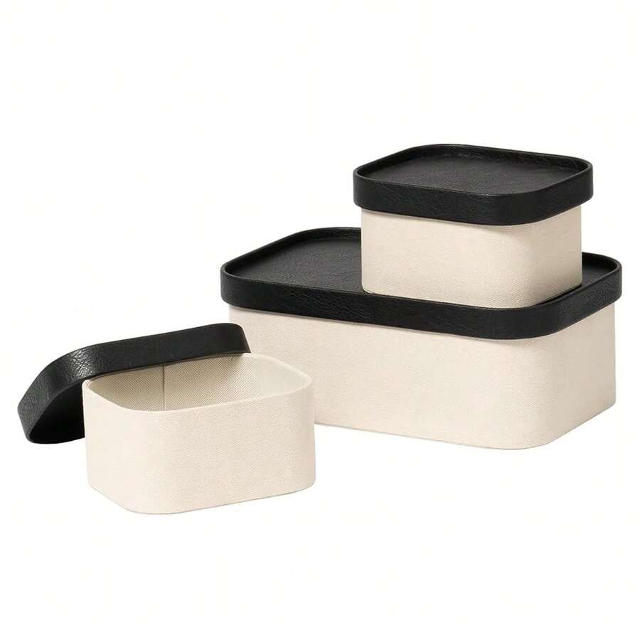 LA JOLIE MUSE Fluted Cardboard Storage Baskets With Leather-Like Lids, Sturdy Stackable Paper Boxes Decorative Tray, Black & Beige, Set Of 3 - Beige & Black - View 1