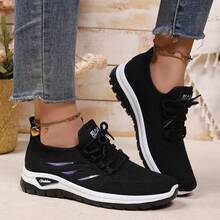 Tênis Casuais Femininos Plus Size, Sapatos de Malha Respirável, Design de Três Listras Laterais com Cadarço Baixo, Fácil de Vestir e Tirar, Presente Feminino, Adequado para Corrida, Caminhada, Transporte e Uso Diário em Todas as Estações - Preto - Visão 1