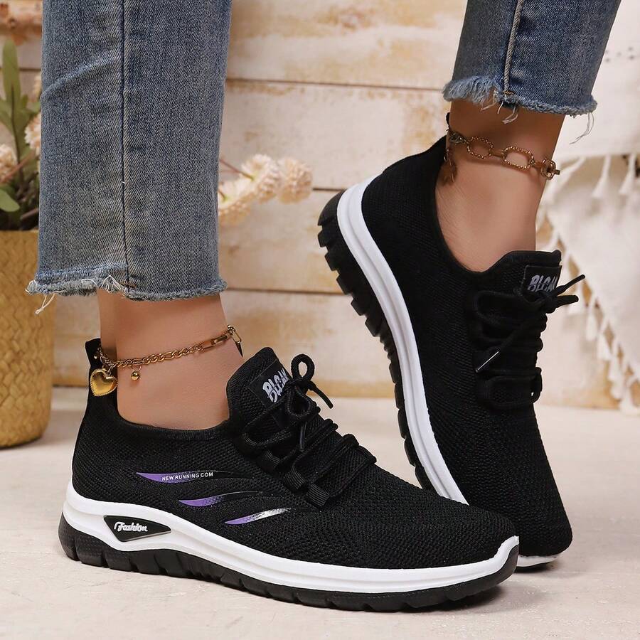 Tênis Casuais Femininos Plus Size, Sapatos de Malha Respirável, Design de Três Listras Laterais com Cadarço Baixo, Fácil de Vestir e Tirar, Presente Feminino, Adequado para Corrida, Caminhada, Transporte e Uso Diário em Todas as Estações - Preto - Visão 1