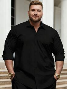 Manfinity Men Plus Size Men's Solid Black Textured Long Sleeve Button-Down Shirt - Black - View 2