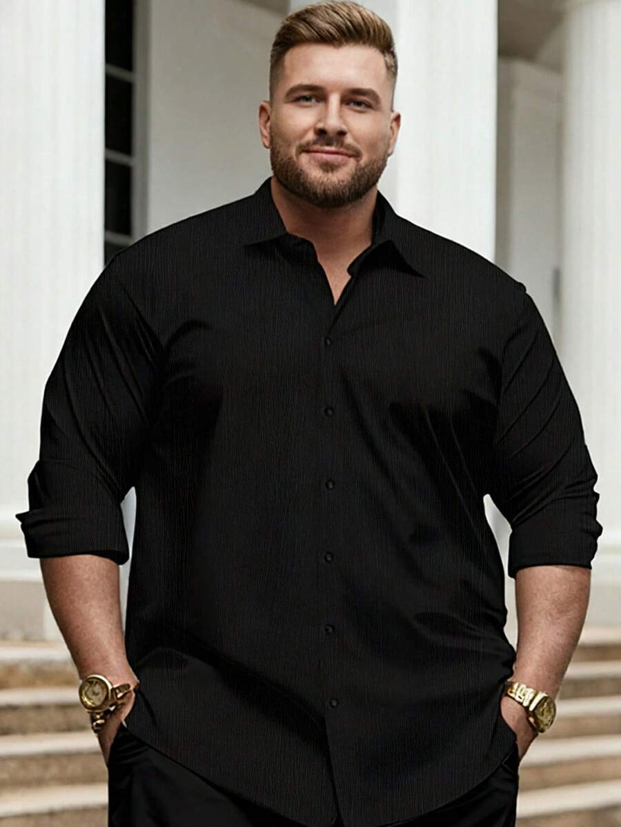Manfinity Men Plus Size Men's Solid Black Textured Long Sleeve Button-Down Shirt