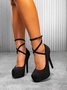 Black Suede Pointed Toe Super High Heel Shoes With Ankle Strap And Buckle, Flattering And Slimming For Women - Black - View 2