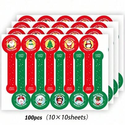 100 Christmas Circular Gift Sealing Stickers - Used For Holiday Decoration Of Cookies, Cakes, And Baking Packaging Boxes, With Sticky Paper Labels Featuring Santa Claus, Reindeer, And Snowflakes
