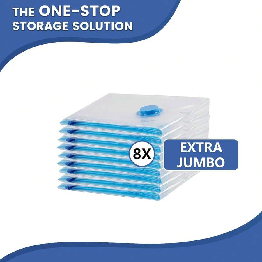 8 Jumbo Vacuum Storage Bags, Comes With A Manual Vacuum PumpVacuum Seal Bags For Clothing, Travel Vacuum Bags For Luggage With Hand Pump, Storage Bags Vacuum Sealed For Clothes, Pillows, Comforters, Blankets, Bedding - Blue - View 1