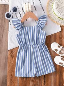 Baby Girl Blue & White Striped Sleeveless Romper, Spring/Summer - Baby Blue - View 3