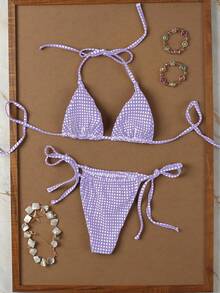 2026 紫色和白色格子细肩带系带比基尼，甜美性感两件套，适合浪漫假期、夏季海滩、女士生日装、女士健身服、女士优雅连衣裙、女士度假服、女士休闲上衣 - 彩色 - 查看 3