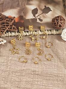 10个/套 星星、月亮和太阳图案发圈，金色独特脏辫发饰，化妆和派对编发装饰