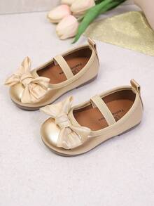1 Pair Girls' Lace Bow Soft Bottom Sweet Cute Princess Style Slip-On Flat Shoes, Suitable For Spring & Autumn - Gold - View 2