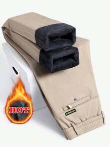 男士纯色休闲保暖裤，冬季款 - 卡其色 - 查看 6