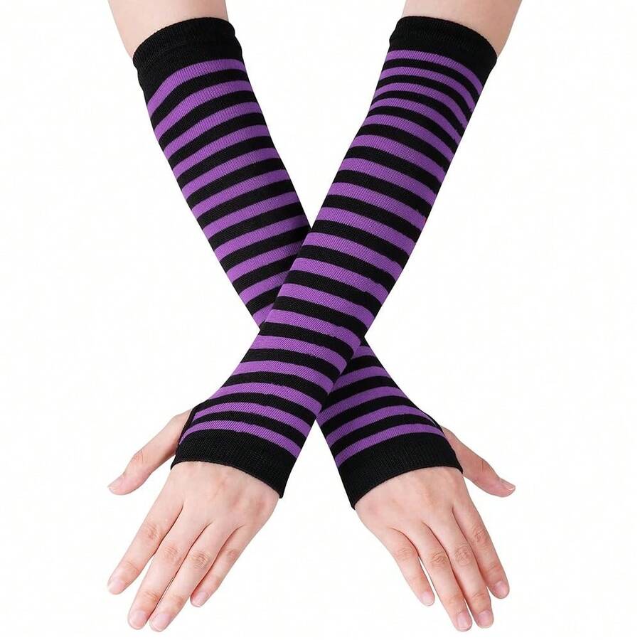Nydotd Fingerless Long Sleeve Mittens Gloves Y2K Kawaii Japanese Harajuku Gothic Punk Knitted Striped Arm Warmer For Women,BlackPurple - BlackPurple - 查看 1
