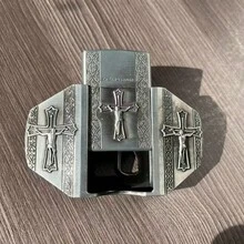 Retro 2-In-1 Crucifix Belt Buckle & Lighter Case - Unisex Gothic Silver Tone Cross Waist Accessory - "In God We Trust" Western Biker Style - Gothic Cross Belt - 查看 1