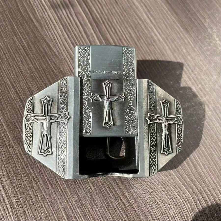 Retro 2-In-1 Crucifix Belt Buckle & Lighter Case - Unisex Gothic Silver Tone Cross Waist Accessory - "In God We Trust" Western Biker Style - Gothic Cross Belt - 查看 1