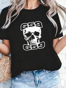 Women's T-Shirts Skull With Goggles And G59 Text 100%, Breathable-2 - Black 3 - View 3