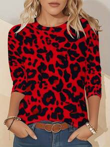 Women's Red Leopard Print T-Shirt - Long Sleeve Round Neck Blouse With Full-Body Animal Print, Spring/Autumn Casual Top For Home, Office & Daily Wear, Machine Washable Non- Shirt For Layering Or Standalone Outfits - Mixed Color - 查看 1