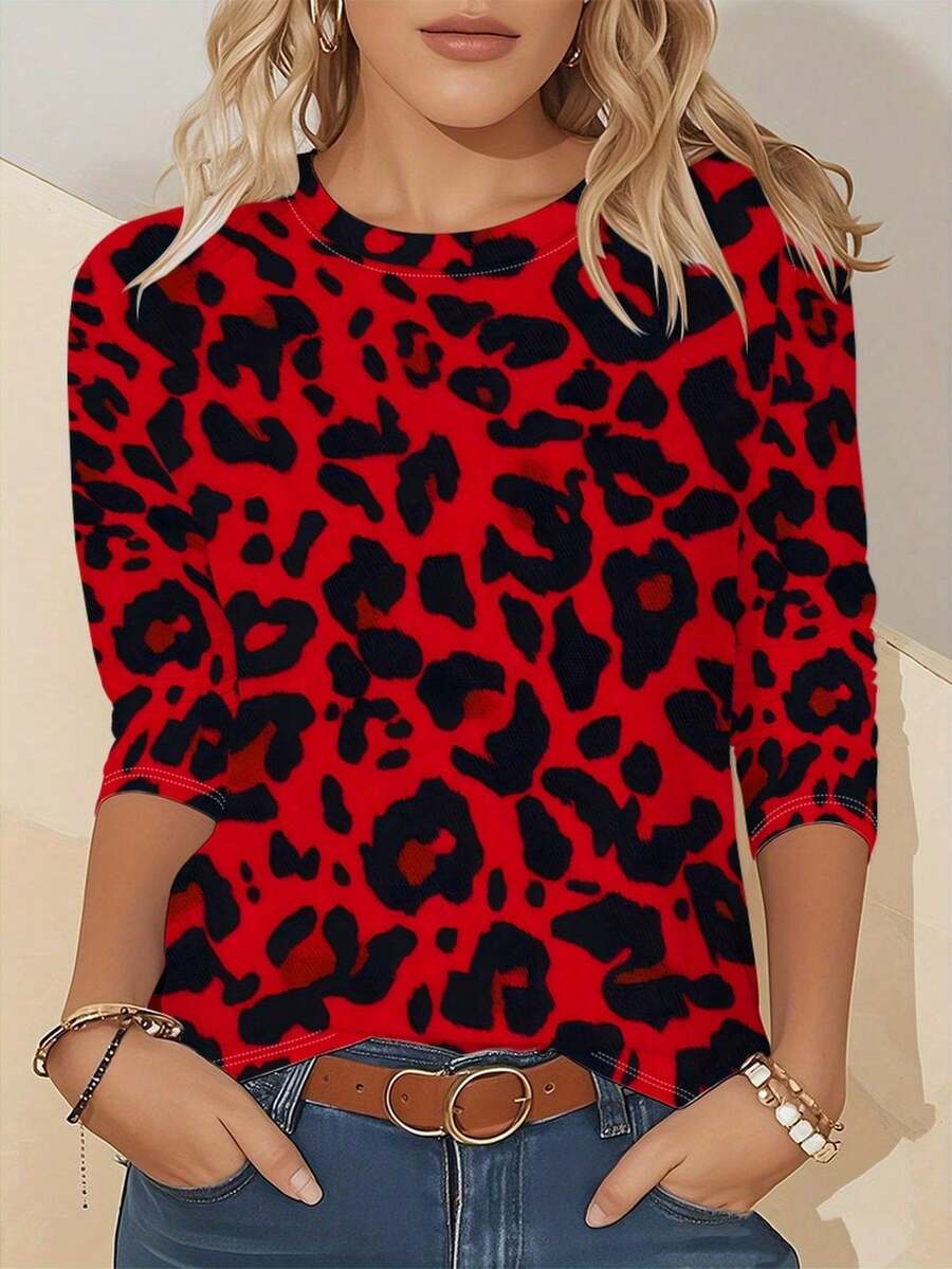 Women's Red Leopard Print T-Shirt - Long Sleeve Round Neck Blouse With Full-Body Animal Print, Spring/Autumn Casual Top For Home, Office & Daily Wear, Machine Washable Non- Shirt For Layering Or Standalone Outfits - Mixed Color - 查看 1