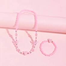 2pcs/Set Girls Cute Heart & Butterfly Beaded Necklace & Bracelet Set, Suitable For Daily Wear, Valentine's Day, Party, Girls Gift