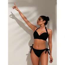 Women's Black Two-Piece Swimwear Set - Sexy Wrap Top & Ruched Bottom For A Stylish Flattering Look - Áo yếm đen cổ yếm - Xem 4