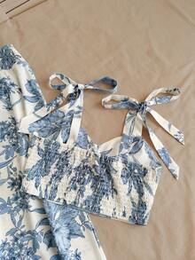 Rusttydustty Floral Print Crop Top And High Waist Wide Leg Pants Set Blue And White Summer Outfit Boho Cruise Women Outfits - Blue and White - View 7