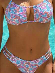 Bộ đồ bơi hai mảnh cổ yếm in họa tiết thời trang gợi cảm dành cho nữ với thiết kế khoét sâu phía trước và chi tiết dây đai bên hông - Nhiều màu - Xem 5