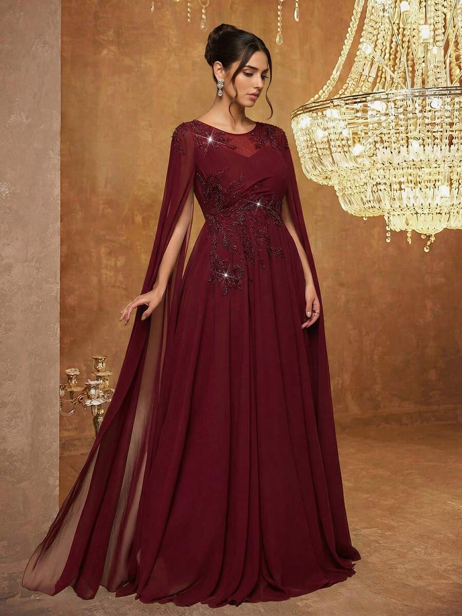 Đầm dạ hội dài tay cổ tròn thanh lịch dành cho nữ, điểm xuyết họa tiết thêu và chi tiết lưới tương phản, thích hợp cho đám cưới mùa xuân. - Màu Đỏ Sâu - Xem 1